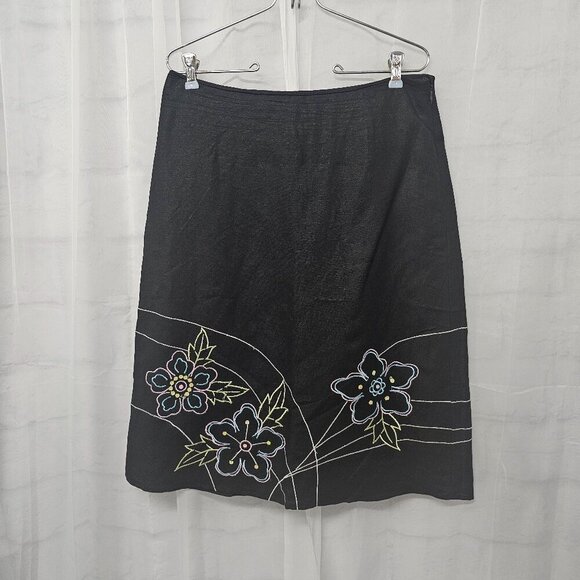 Dressbarn Black Neon Embroidered Sequin Skirt A-Line Floral Linen Blend 10 - Picture 1 of 11